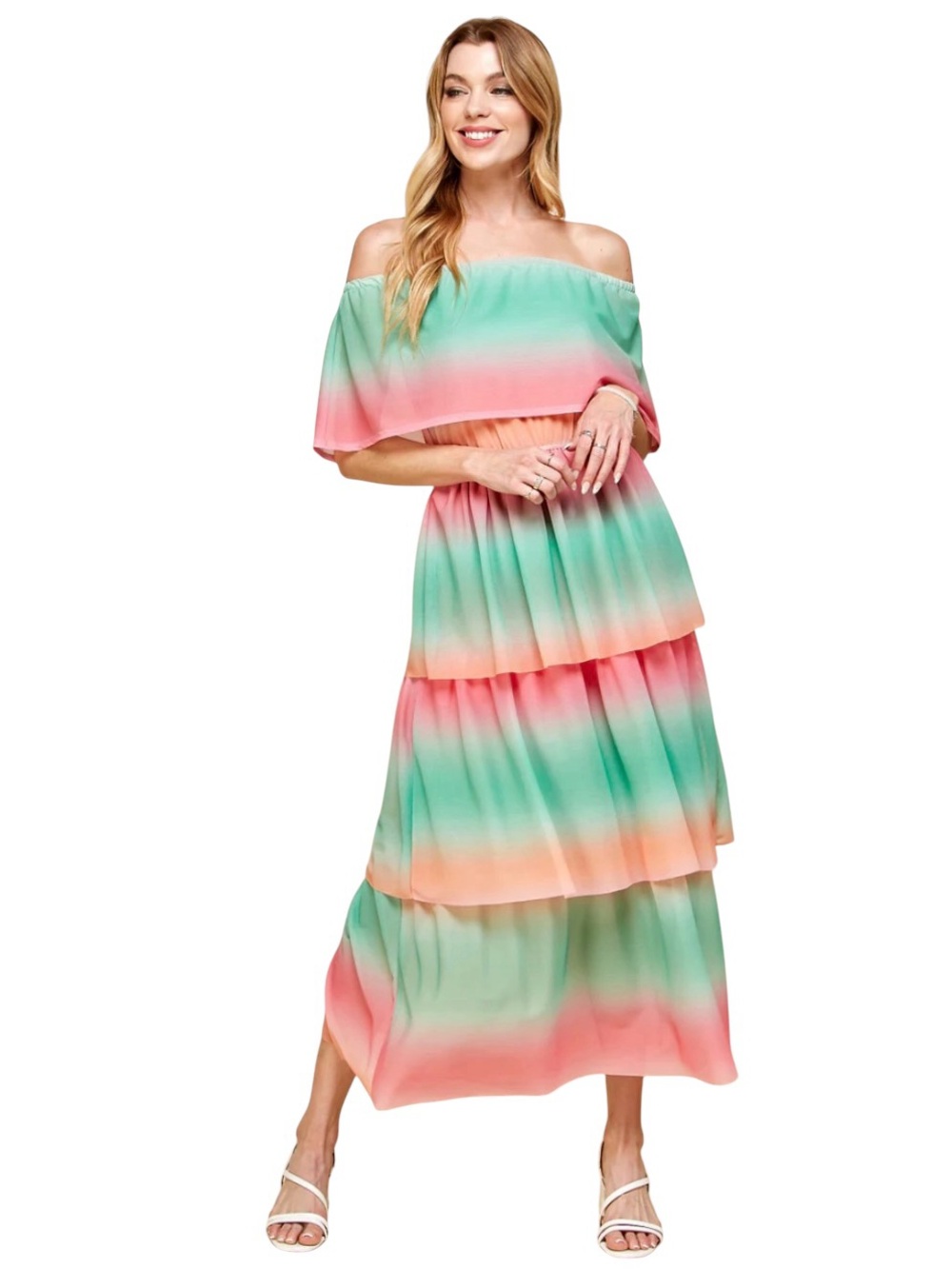 New If She Loves Lotus Pink Green Coral Layered Off Shoulder Mesh Midi Dress